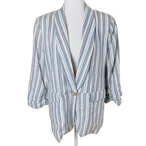 Ellen Tracy Size L Women’s Ruched Sleeve Linen Blend Blazer Blue Tan Striped